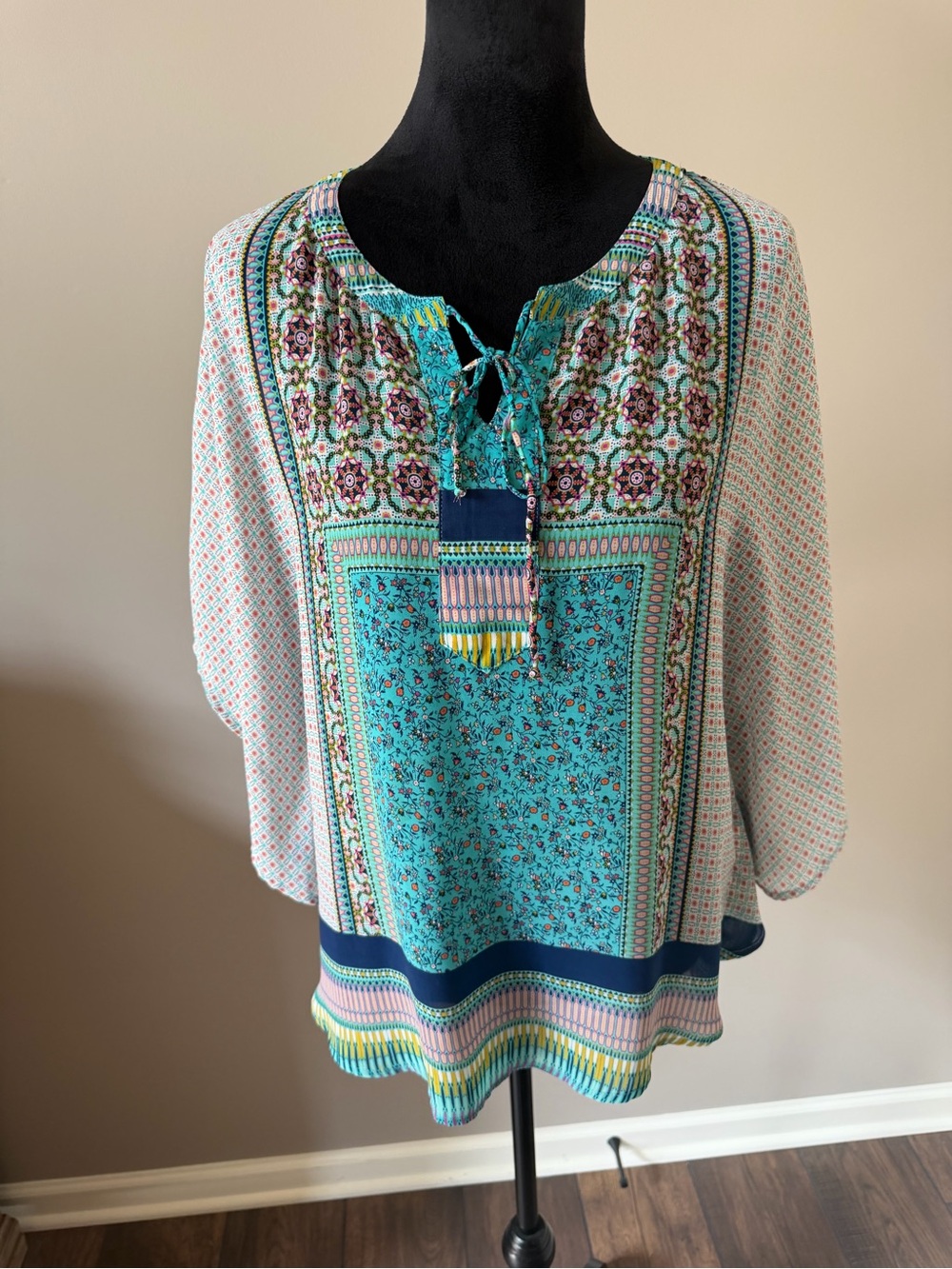 fig and flower Petite Medium Boho Tassel-Tie Teal Printed Peasant Top